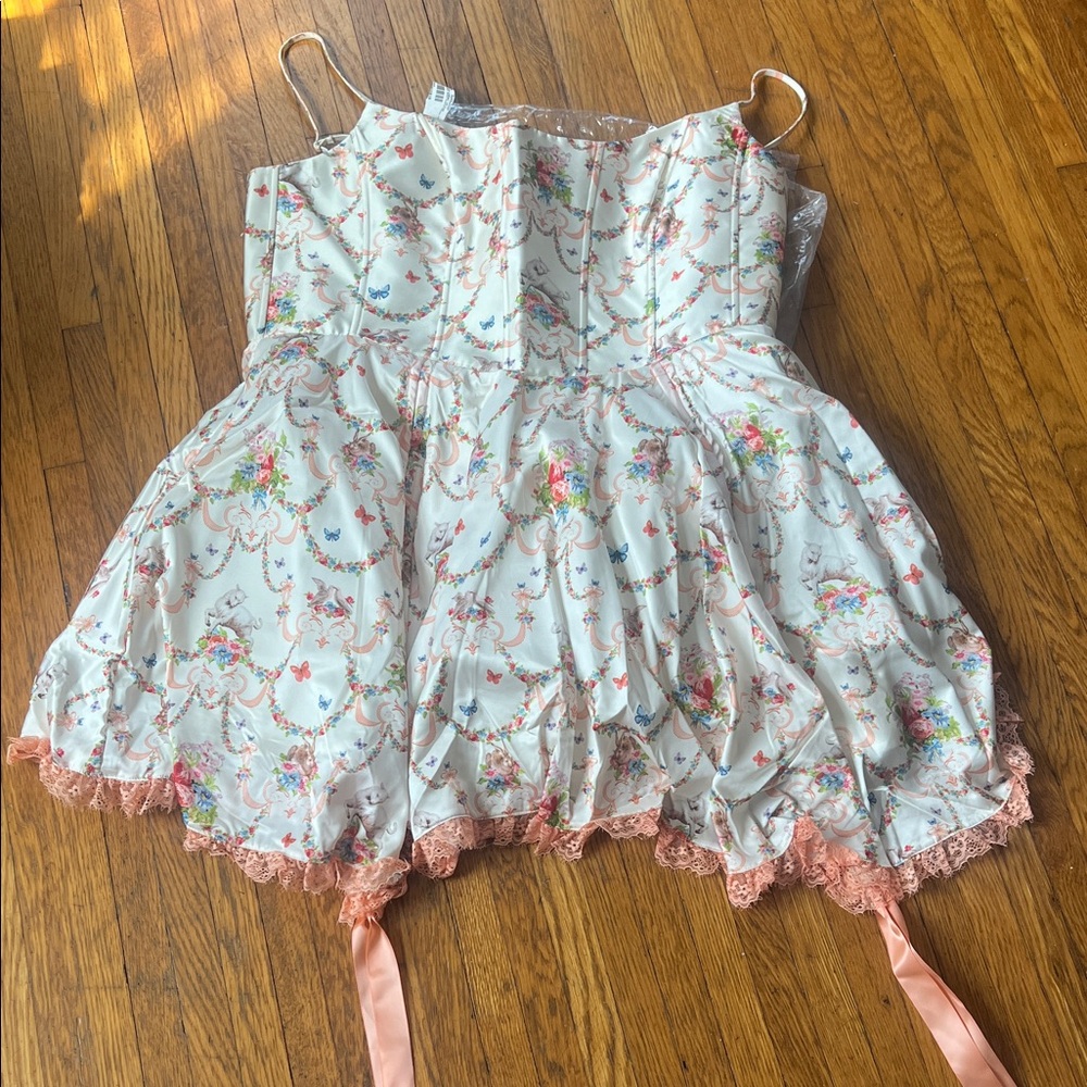 Sugar Thrillz Pastel Floral Lace Trim Mini Dress in White and Pink